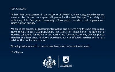 MAJOR LEAGUE RUGBY SUSPENDS 2020 SEASON FOR 30 DAYS