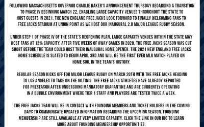 Statement from Free Jacks officials on Massachusetts’ transition to Phase IV